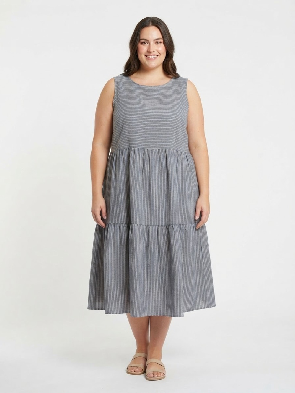 New NWT Tradlands Blue Stripe Linen Tiered Midi Dress Size 3X